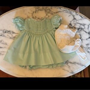 Vintage Mint Green Pintucked Embroidered Trapeze Party Dress & Nylon Lace Tights
